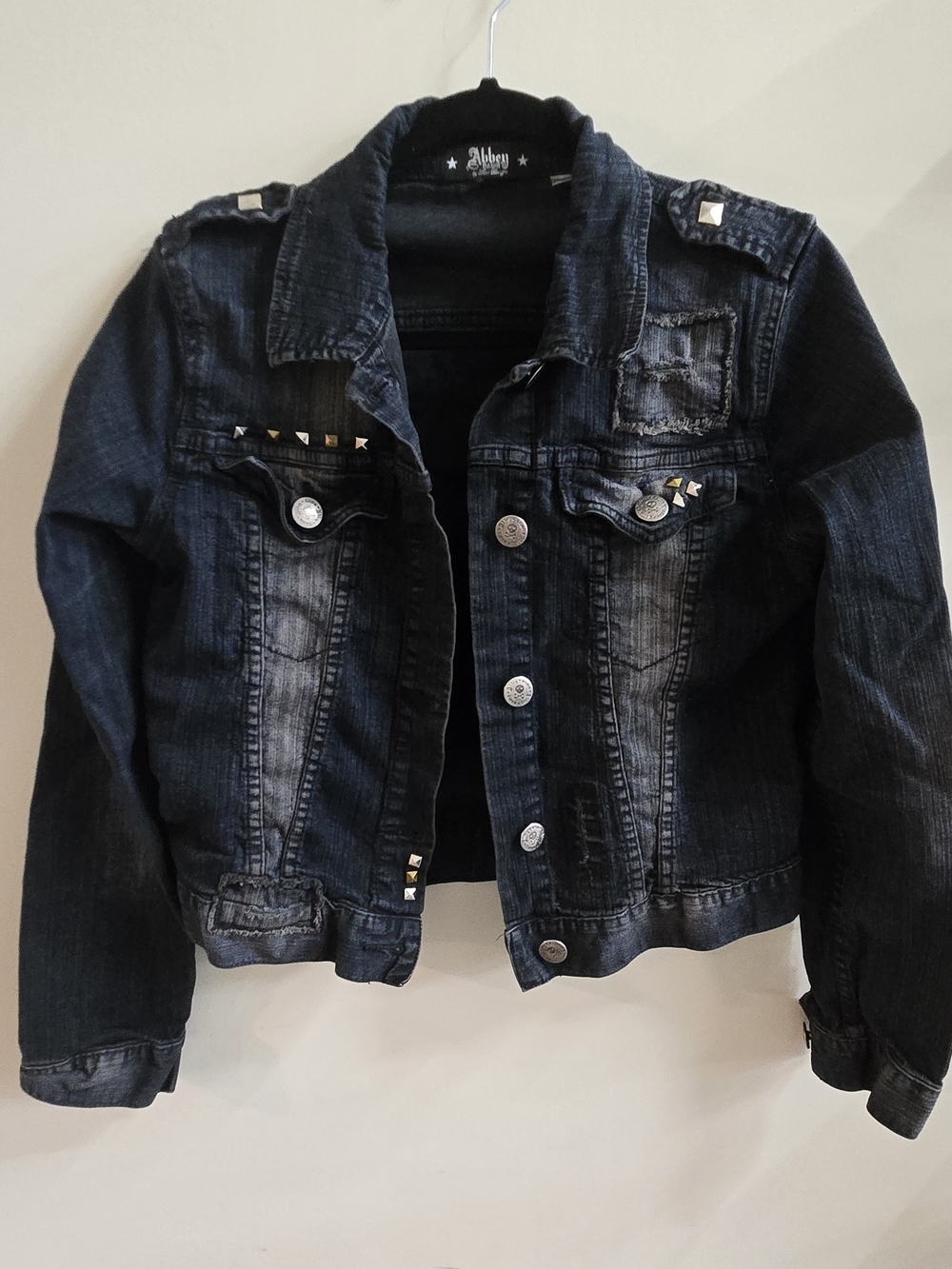 Abbey Dawn by Avril Lavigne Dark Wash Studded Distressed Denim Jacket